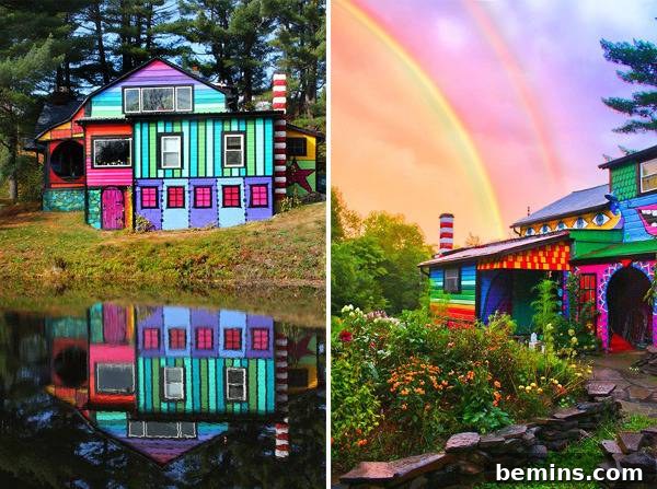 Vibrant and colorful house near lake at sunset.