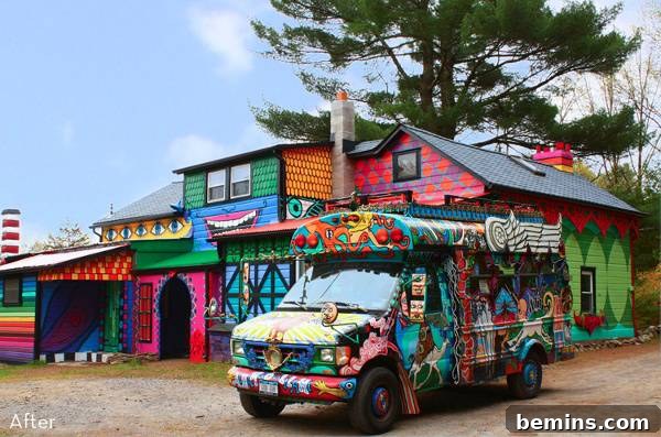 A multi colored bus in front of a multicolored home with a smiling mouth.