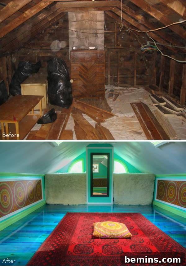 An old wooden attic above an attic that is painted with bright red blue and green colors.