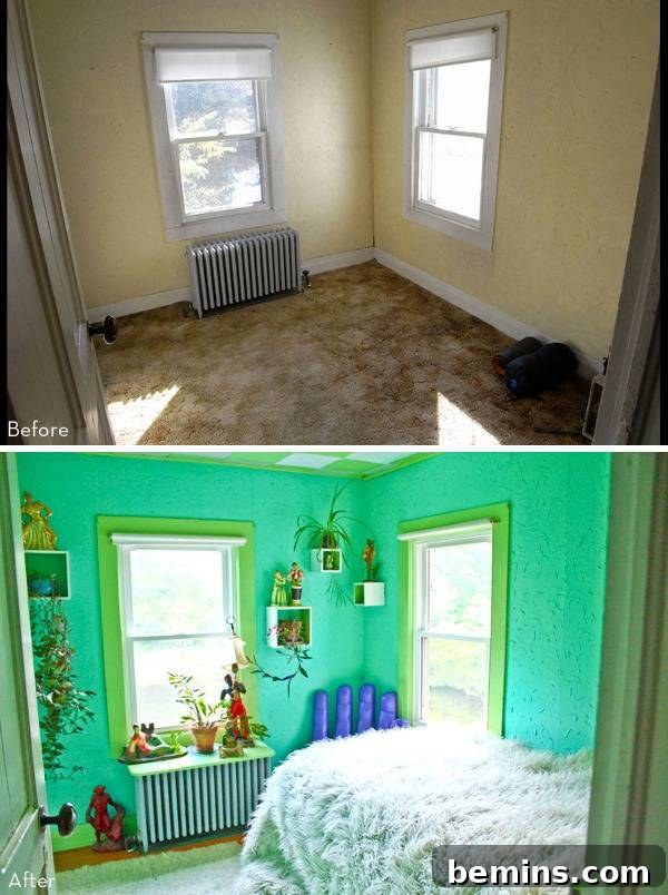 A two photo collage shows a room with white walls and a room with bright teal walls.