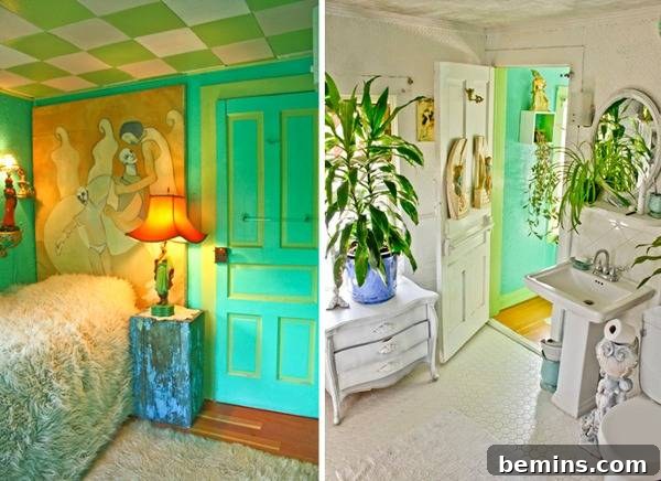 An aqua green painted room with a checkered ceiling and a white painted room with plants and sculptures.