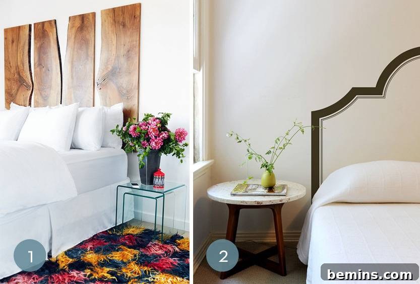Bedroom with a rustic natural wood slab headboard, highlighting unique and easy DIY headboard ideas for home decor.