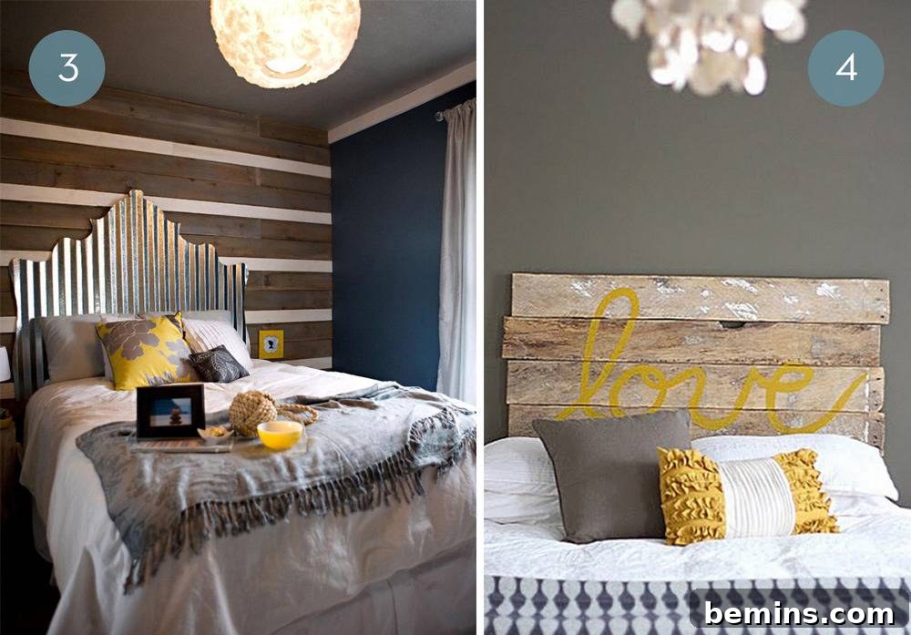 Bedroom with a unique corrugated tin headboard, showcasing industrial design and creative bedroom accents.