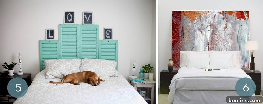 Bedroom featuring a vibrant, brightly painted vintage shutter headboard, perfect for DIY bedroom accents.
