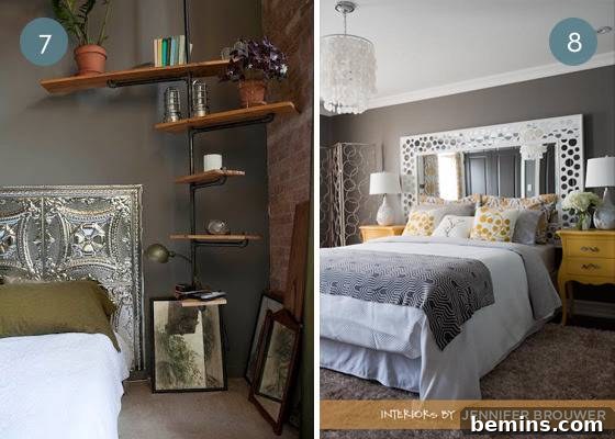 Elegant bedroom featuring a headboard made from large tin ceiling tiles, adding a touch of vintage industrial charm.