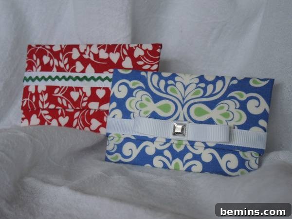 Two fabric envelopes made without sewing, embellished with ribbon and a rhinestone.