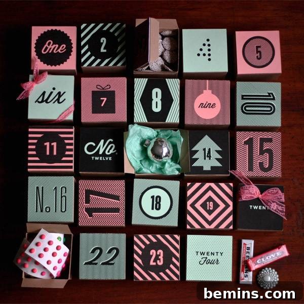 A homemade Advent calendar on a red background.