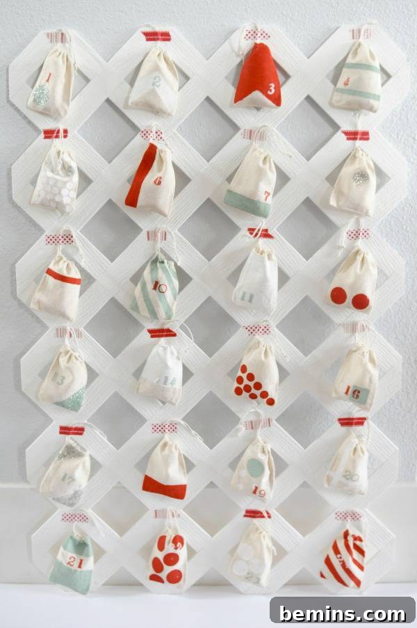 White wooden lattice styled as advent calendar.