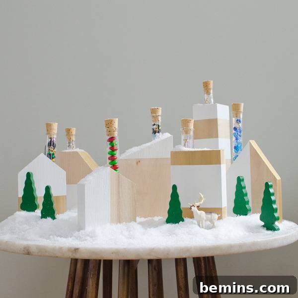 A Christmas village sits on a white disk held up by wooden dowels.