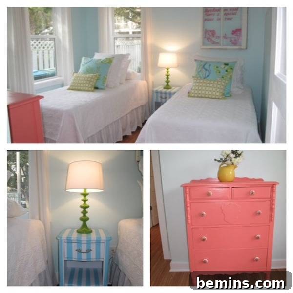 Pastel items and furnishings are decorating a bedroom.
