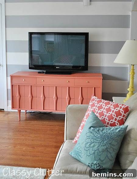 A living room with coral reef colors.