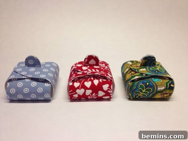 Three no-sew fabric gift boxes.
