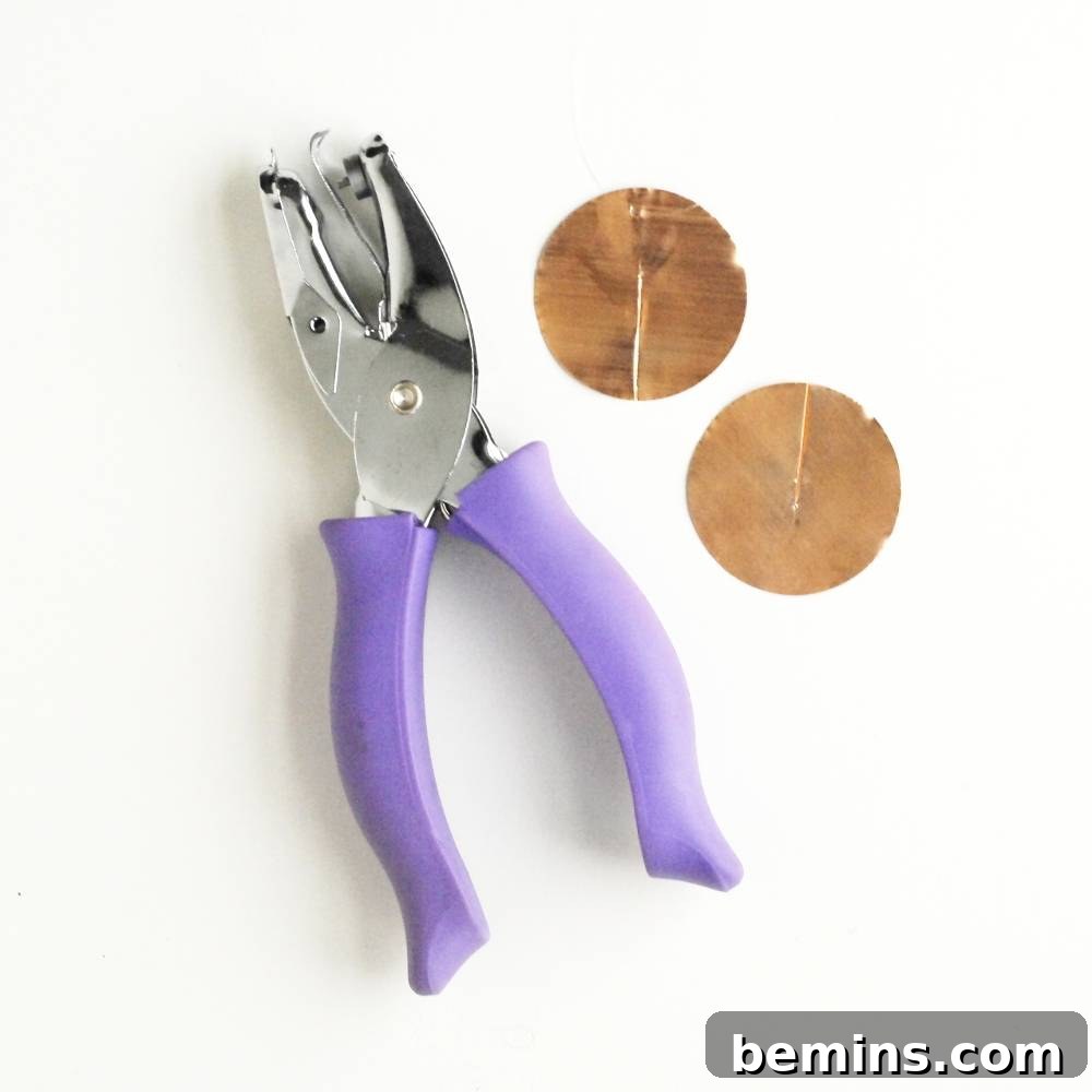 Copper pieces and puncher for making ornaments.