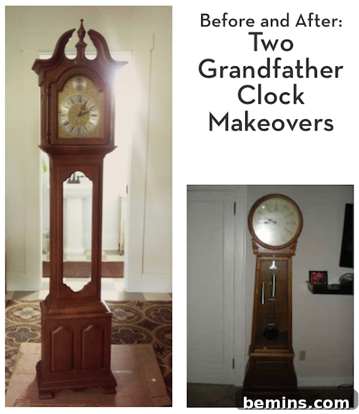 Two grandfather clocks showcasing different styles and finishes.