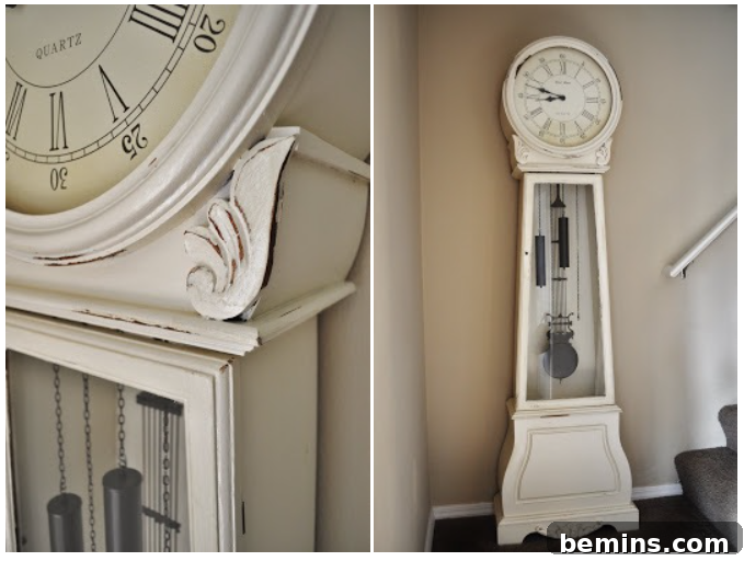 After image of Heather's grandfather clock, showcasing the transformation after staining, painting, and sanding.