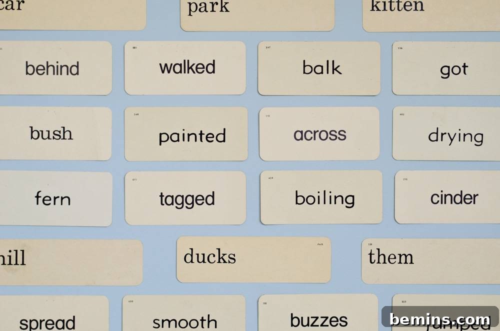 Vintage Flashcard Wall Decor Ideas 10 Small white sticker labels have different vocabulary words on them.