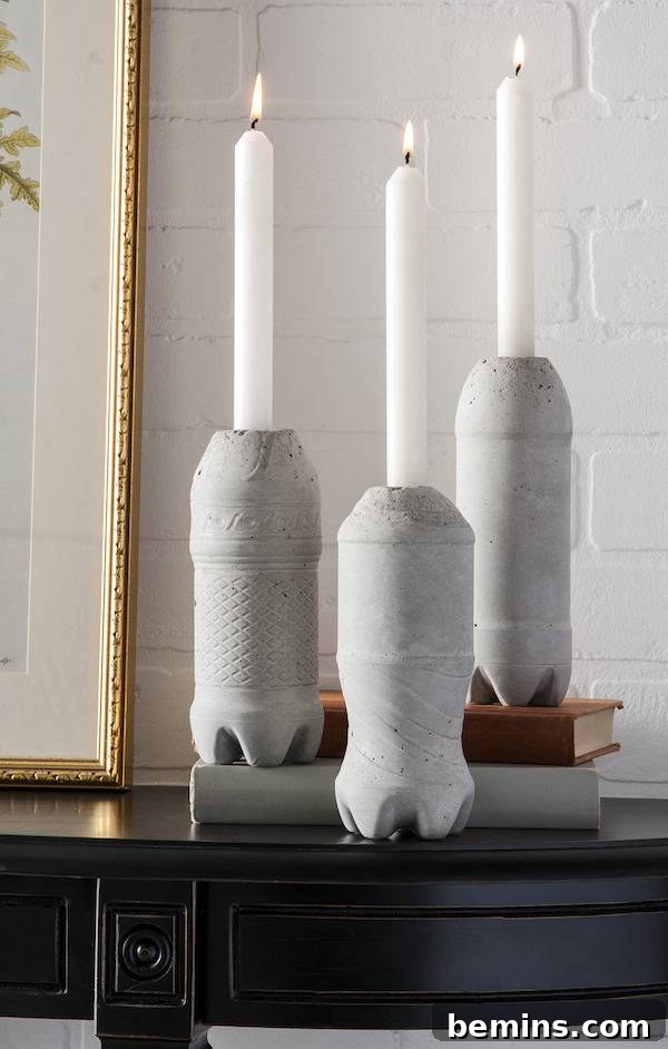 Concrete candle holders made from recycled plastic bottles