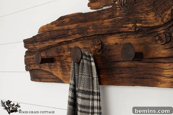 Wall hook made out of a dark piece of wood and hung up against a white wall.