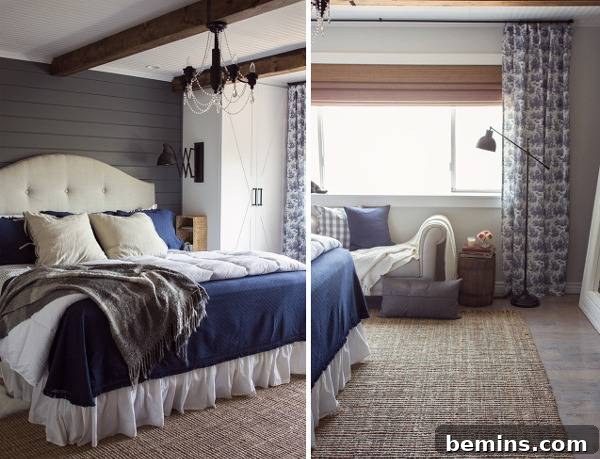 After: A character-filled bedroom with a king-sized bed and a cozy seating area, reflecting a personalized design
