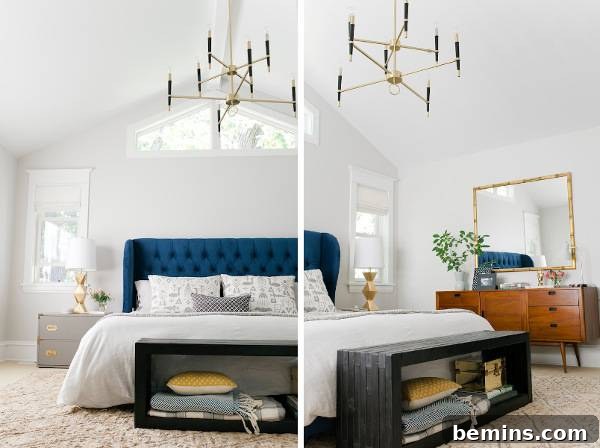 After: A modern bedroom with a stylish chandelier and a blue bed, showcasing a well-designed and inviting space