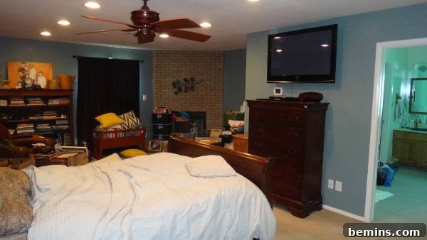 Before: A cluttered master bedroom with a TV above a dresser, lacking natural light and modern design
