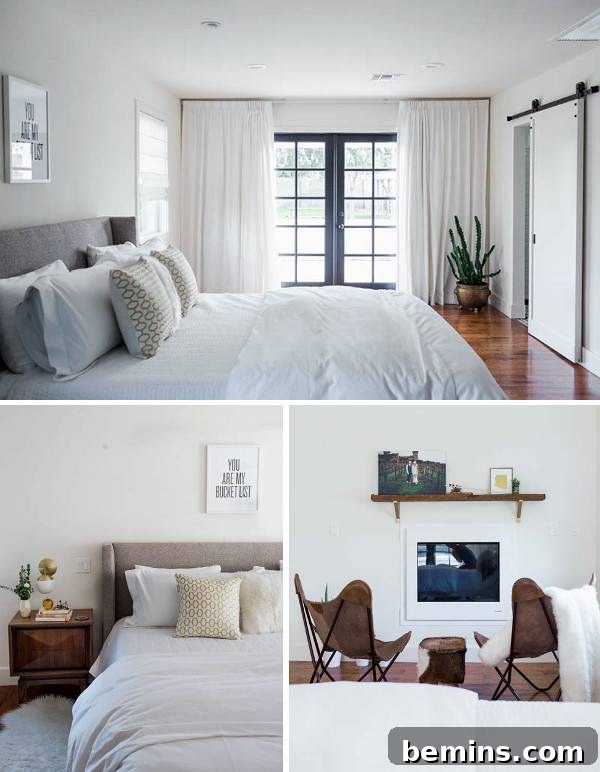 After: An airy and bright master bedroom with double doors, showcasing a minimalist and relaxing design