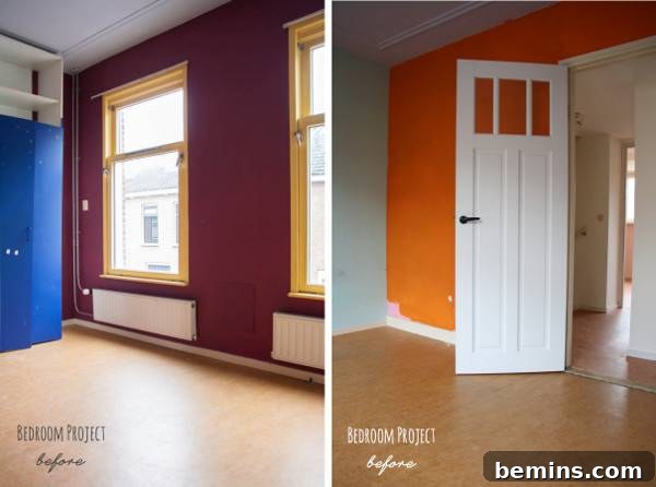 Before: A room with purple and blue walls, appearing disorganized and lacking a cohesive design
