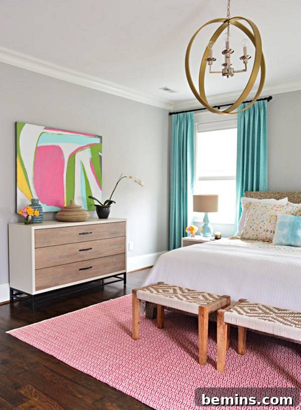 Pink Power: 16 Dreamy Bedrooms for the Bold at Heart 14 Pink color bedroom with wall art frame, cabinet, table lamp, bed, and chandelier.