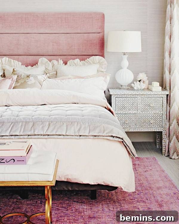 Pink Power: 16 Dreamy Bedrooms for the Bold at Heart 3 An ornate gold and beige bench sits at the foot of a bed with a pink headboard and a pink carpet.