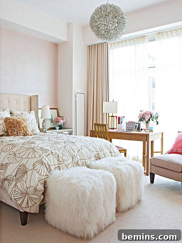 Pink Power: 16 Dreamy Bedrooms for the Bold at Heart 10 Pink color bedroom with bed, fur stools, couch, wooden table with lamp and hanging light to the ceiling.