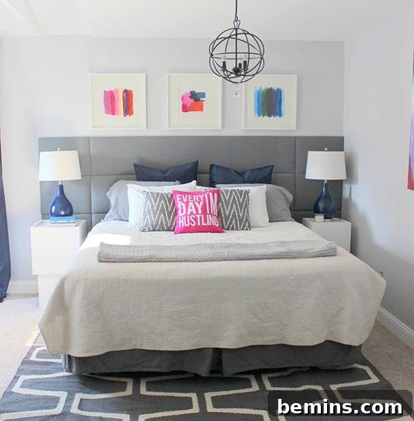 Unique DIY Headboard Designs to Reinvent Your Bedroom 11 A bed sits on a grey and white rug in a white room.
