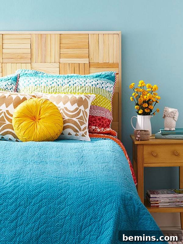 Unique DIY Headboard Designs to Reinvent Your Bedroom 13 Bed room along with bed, bed sheet and pillows.