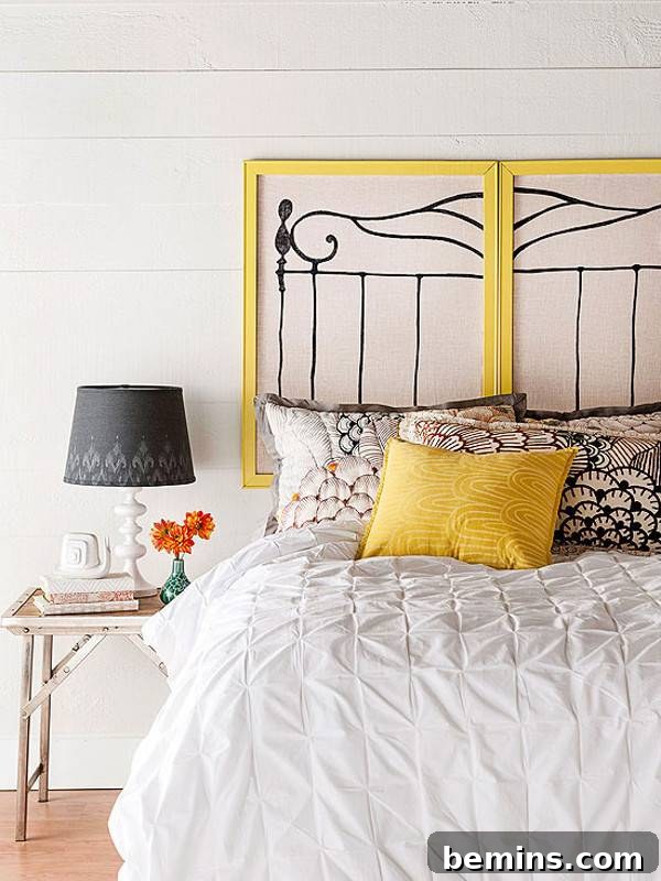 Unique DIY Headboard Designs to Reinvent Your Bedroom 16 Bed room with bed, bed sheet and pillows along with night lamp on mini table.