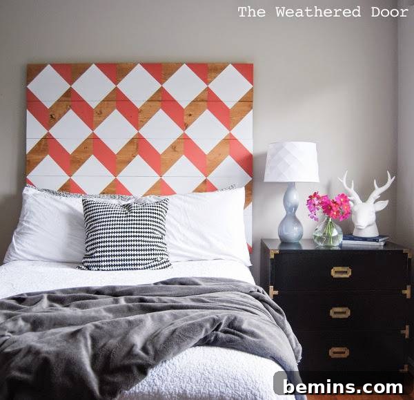 Unique DIY Headboard Designs to Reinvent Your Bedroom 18 Bed with a cubic painted backboard near a dresser in a bedroom.