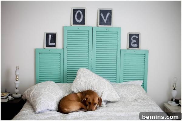 Unique DIY Headboard Designs to Reinvent Your Bedroom 20 Dog is sleeping on the white bed and headboard decorated with love wall frames.