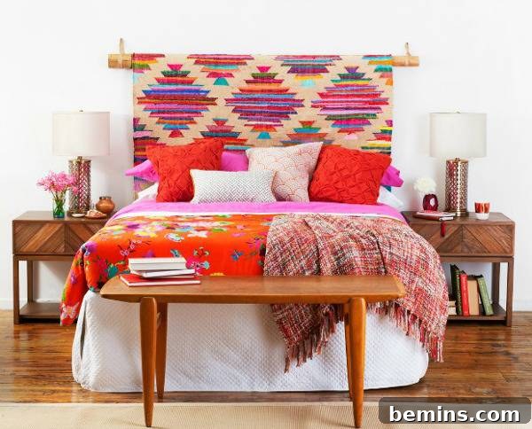 Unique DIY Headboard Designs to Reinvent Your Bedroom 3 Multicolored diamond shaped headboard bed and bedside table lamps and potted plants with book racks.