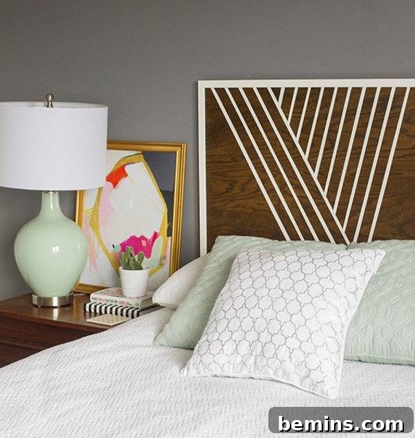 Unique DIY Headboard Designs to Reinvent Your Bedroom 8 White pillows and sheets cover a bed with a brown and white headboard.