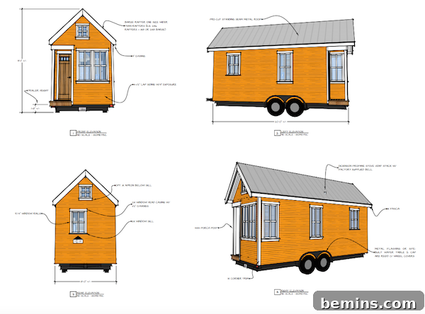 Charming & Complimentary: 11 Downloadable Tiny House Blueprints 4 Free tiny house plans: The Rolling Bungalow, a portable design on a trailer frame
