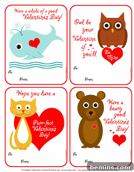 Printable valentines day cards with animals paired next to hearts.