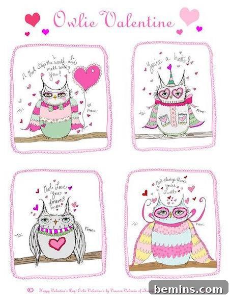 Four drawings of owls in grey, green and pink.