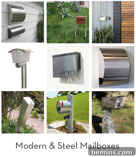 Grouping of modern stainless steel mailboxes showcasing diverse designs