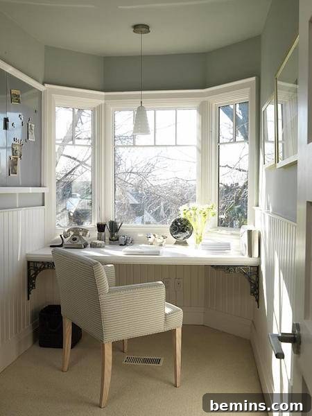 A charming table and chair setup within a bright, windowed alcove of a room, ideal for a creative or study space.