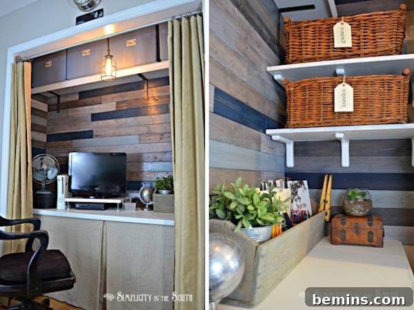 A stunning, organized office setup inside a closet, featuring a desk and storage, neatly concealed behind curtained doors, showcasing a remarkable transformation.