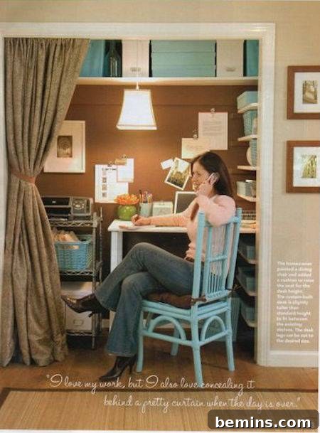 A woman sits in a blue chair in a small, curtained-off office area equipped with a desk, file storage, and a printer, demonstrating comprehensive functionality.