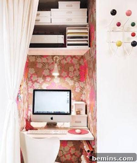 An ultra-compact workspace featuring a small table and chair, with a desktop that can be discreetly closed off with a curtain, ideal for minimalist living.