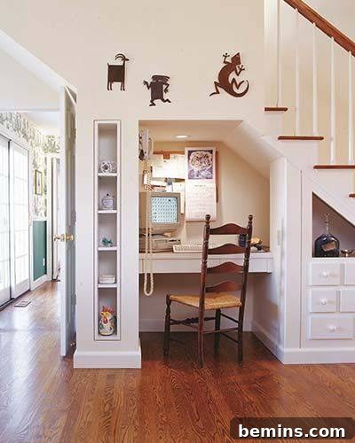 A functional desk nook underneath a staircase, complete with shelving and a desktop, serving as a family command center.