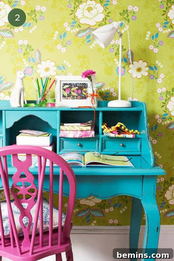 A vibrant technicolor workspace with a playful and creative atmosphere