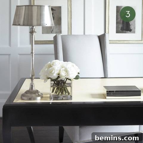 A classic office design with muted colors and sophisticated shapes