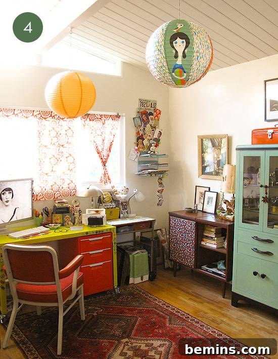 A retro home office with orange, yellow, and lime green accents
