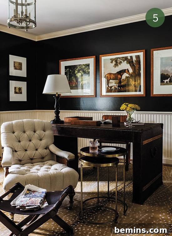 A traditional office space with a tufted chair and equestrian art